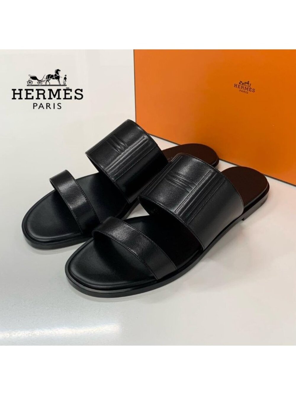 Hermes Mona Leather Sandals Black